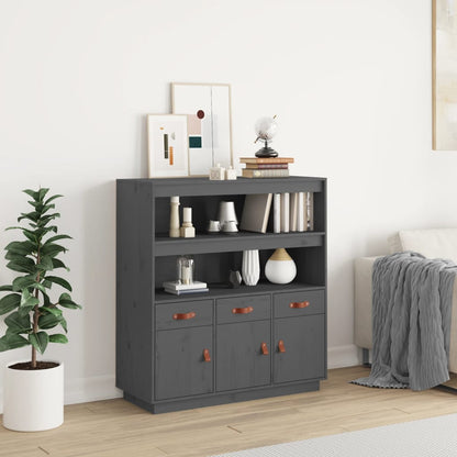 Hoogkast – Opbergkast – Dressoir – Kledingkast – Vitrinekast – Massief Dennenhout – 3 Deuren & 3 Laden – Grijs Afgelakt