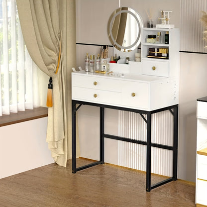 Make-up Tafel – Kaptafel – Visagie Tafel – Slaapkamer Meubel – Make-up Bureau – Grote Ronde Spiegel – Haardrogerhouder – 4 Lades – Zwart Metaal – Compact 80x40x125 cm