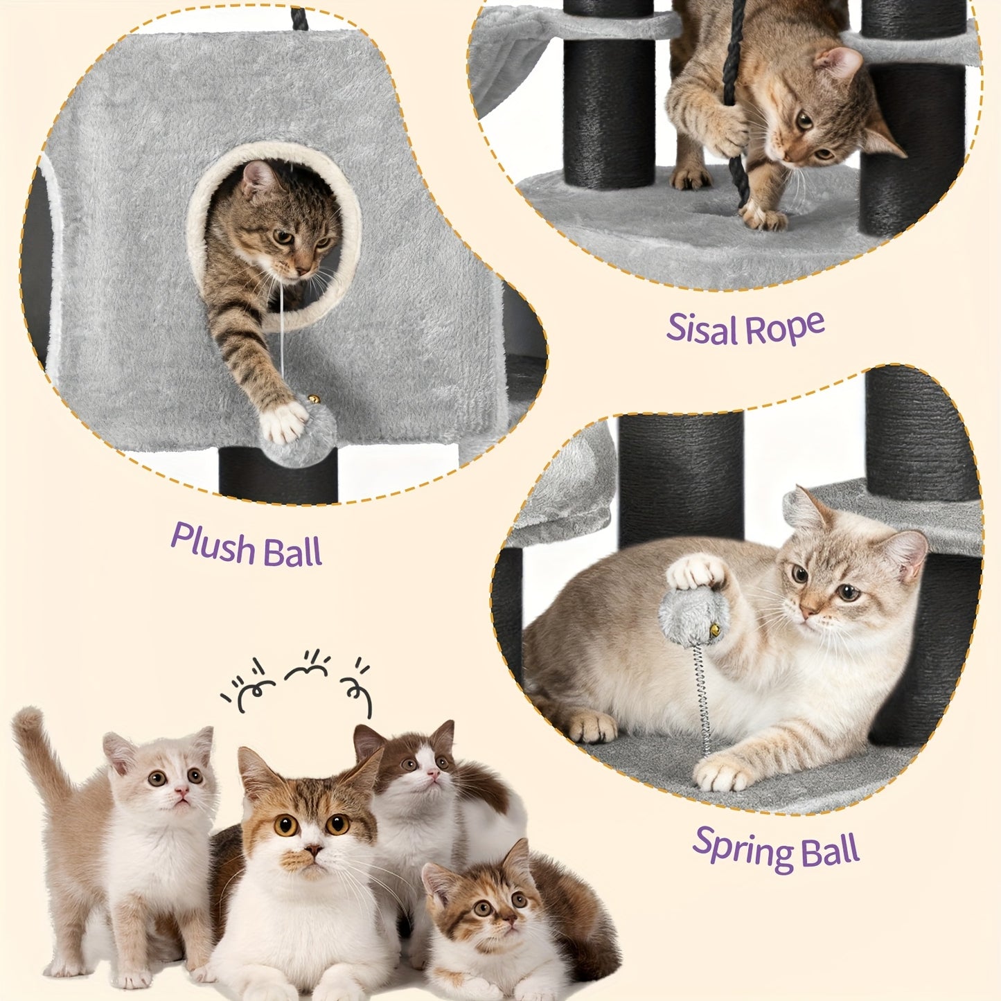 for large Cat Tree Tower for Indoor Cats - Multi-Level Cat Activity Center with Scratching Post, 3 Perches, 2 Caves, Lookout Deck & Pompom - Sturdy Cat House Furniture with Soft Cushioned Platforms, Dangling & Hanging Platfor - QUORE