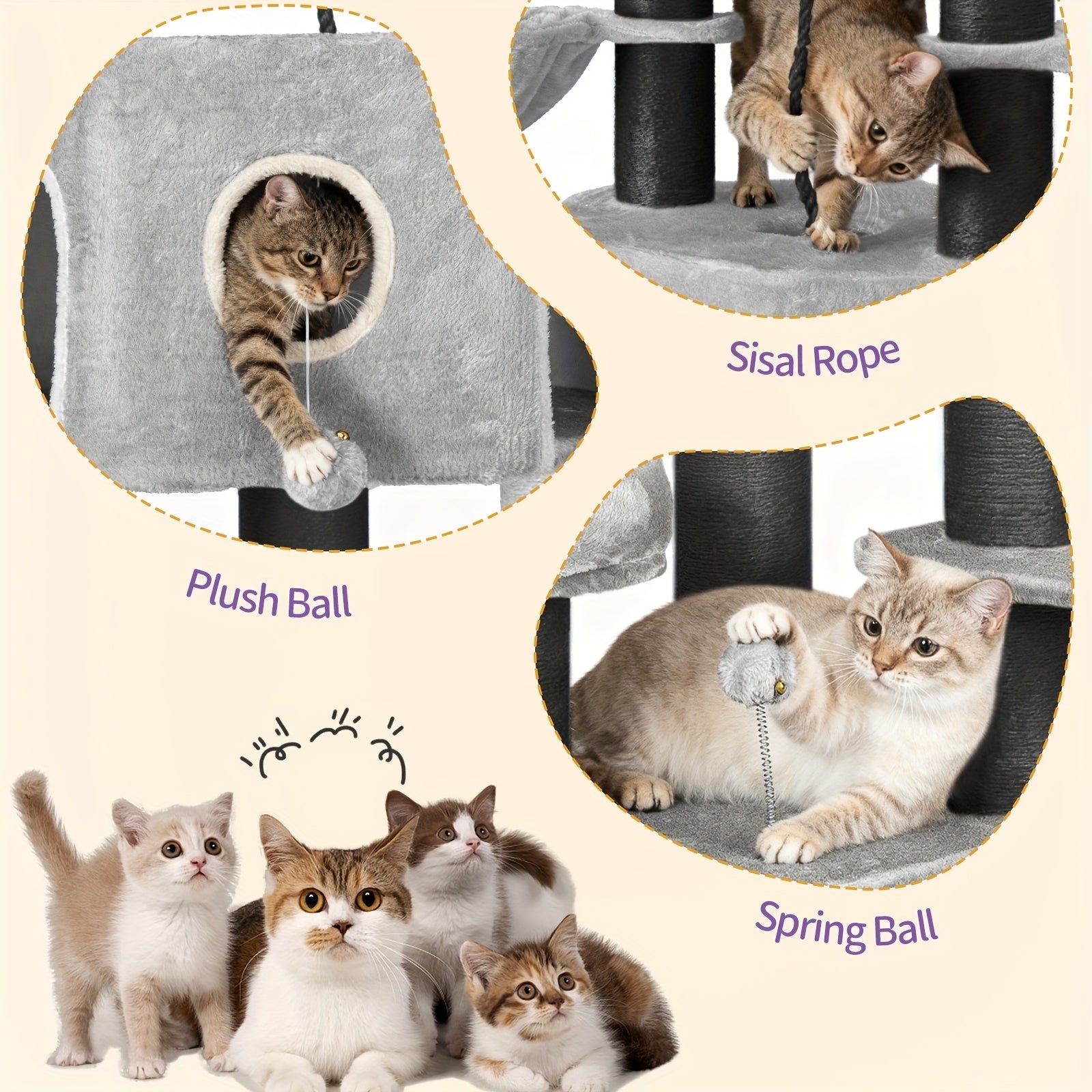 for large Cat Tree Tower for Indoor Cats - Multi-Level Cat Activity Center with Scratching Post, 3 Perches, 2 Caves, Lookout Deck & Pompom - Sturdy Cat House Furniture with Soft Cushioned Platforms, Dangling & Hanging Platfor - QUORE