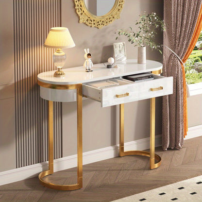 Hoge Bijzettafel – Sidetable – Bijzettafel – Opbergtafel – ConsolTafel – Wit Hoogglans Met Gouden Accenten – 100x40x76 cm – 2 Opbergrekken