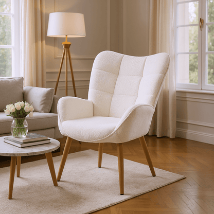 Fauteuil – Stoel – Relaxfauteuil – Loungechair – Accentstoel – Beige – Teddy stof – Houten poten – 72x62x90,5 cm