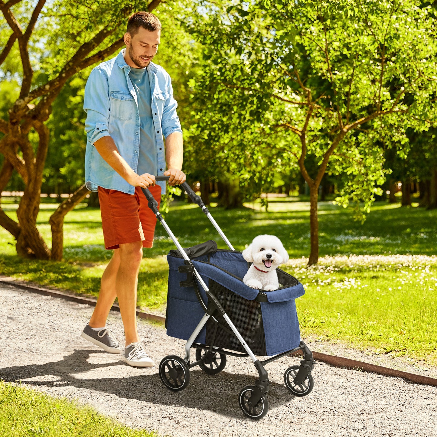 Hondenwagen – Hondenbuggy – Huisdierenbuggy – Wandelwagen – Pet Stroller – Lichtgewicht & Opvouwbaar – Wasbaar Kussen & Mesh Ventilatie – Donkerblauw