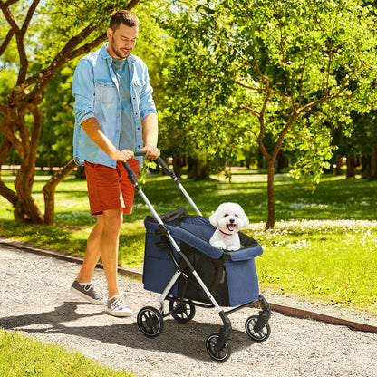 Hondenwagen – Hondenbuggy – Huisdierenbuggy – Wandelwagen – Pet Stroller – Lichtgewicht & Opvouwbaar – Wasbaar Kussen & Mesh Ventilatie – Donkerblauw