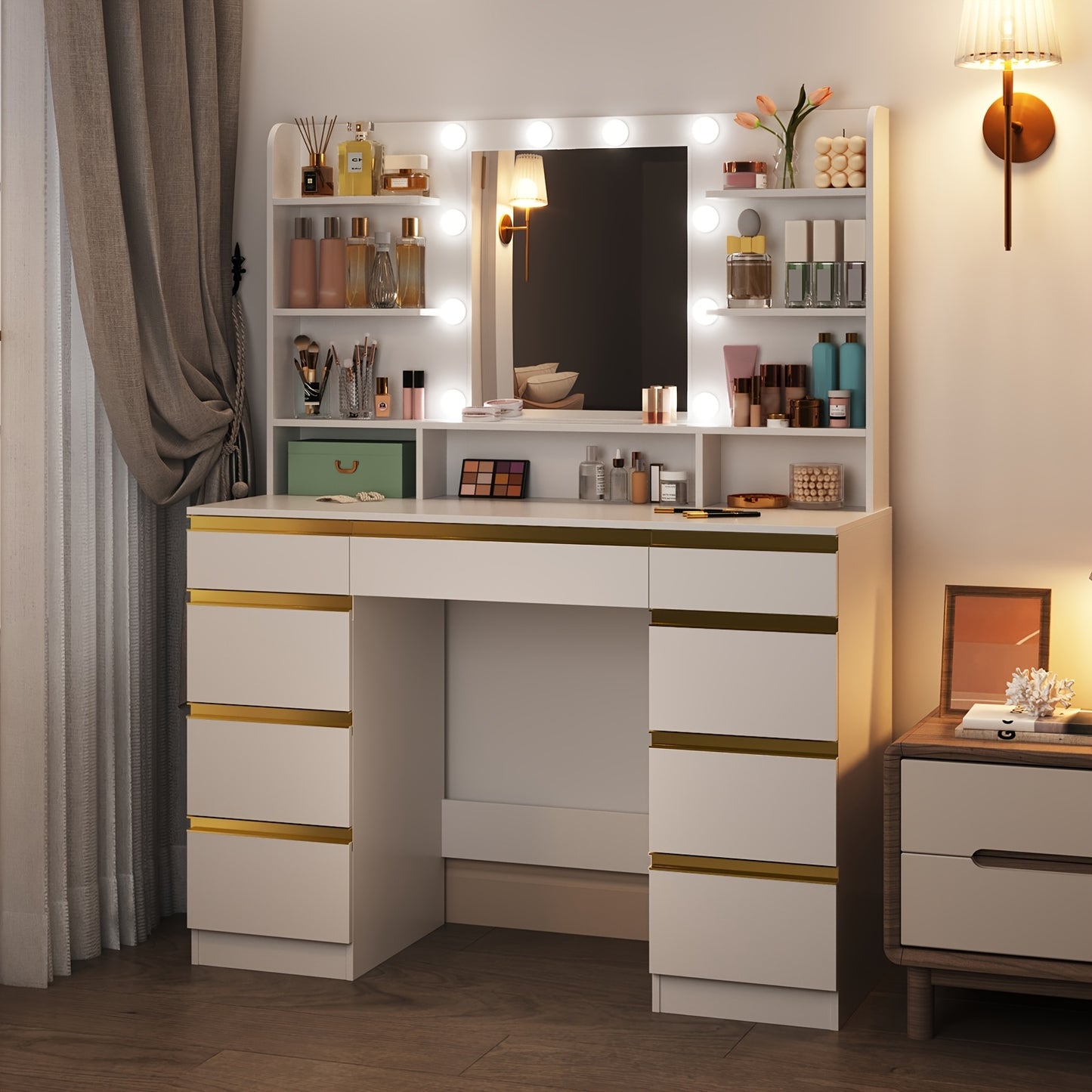 Make-up Tafel – Kaptafel – Visagie Tafel – Makeup Bureau – Dressing Table – Wit met Gouden Accenten – 10 LED-lichtbollen met Instelbare Kleur en Helderheid – Groot HD Spiegeloppervlak