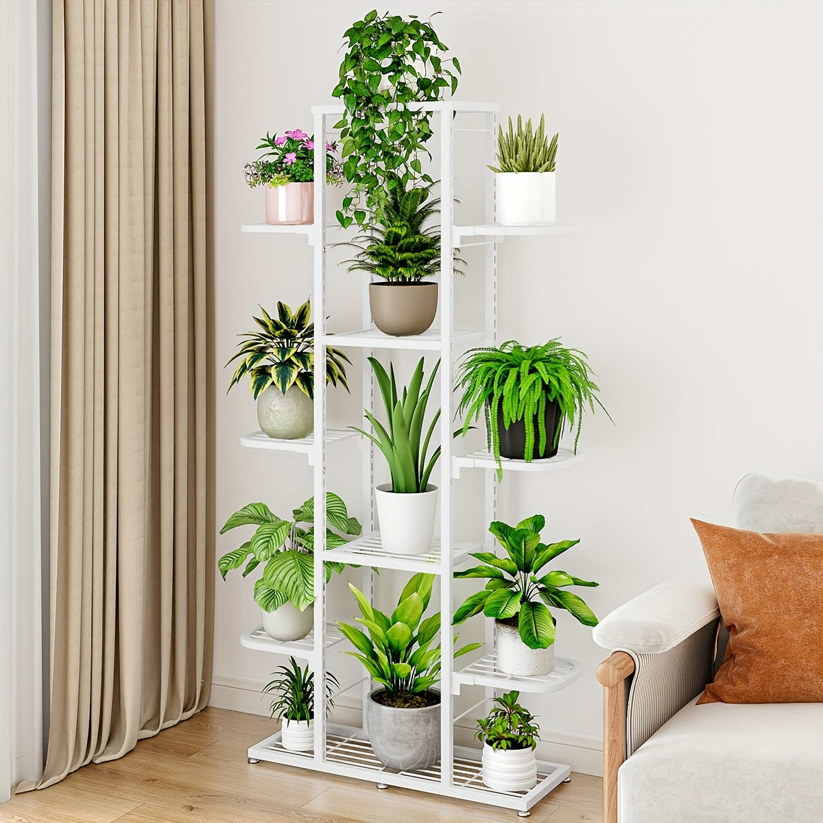 Modern White Metal Plant Stand with Anti-Slip Corner & Protective Foot Pads - Multi-Tier Indoor/Outdoor Flower Shelf, Sturdy Tall Vertical Design for Patio, Garden, Living Room, Bedroom, Balcony - Space-Saving Plant Holder fo