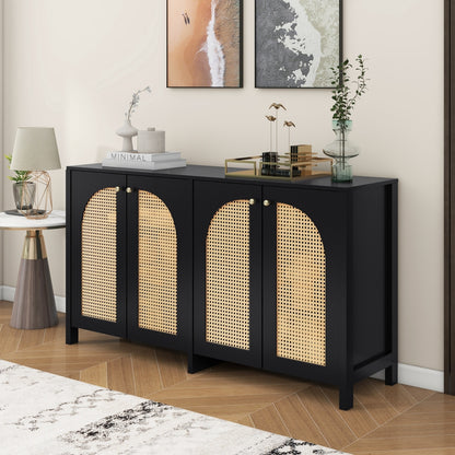 Modern Minimalist Sideboard Cabinet - White & Metallic Accents, Non-Wood Freestanding Storage with 4 Rattan Doors, Spacious 3.2+ Cu Ft Capacity for Living Room, Dining Room, Kitchen - Easy Assembly Required, Home Organization