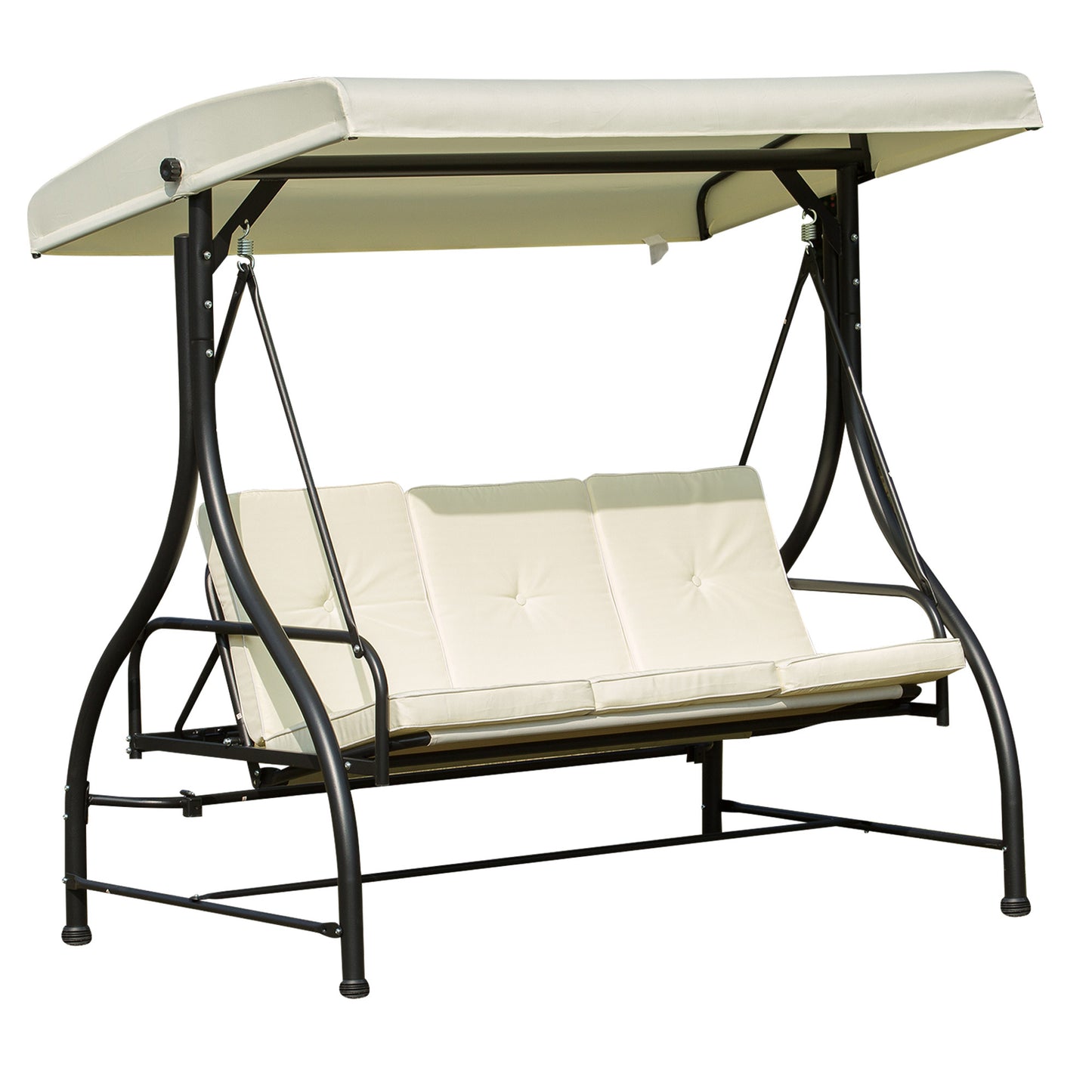 3-zits Tuinbank Schommel – Tuinbank Schommelbank – Buitenschommel – Tuinbank Ligbed – Licht Beige – Verstelbaar Zonnescherm – 8 cm Dik Kussen – Epoxy Gecoat Metaal