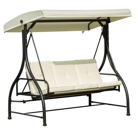 3-zits Tuinbank Schommel – Tuinbank Schommelbank – Buitenschommel – Tuinbank Ligbed – Licht Beige – Verstelbaar Zonnescherm – 8 cm Dik Kussen – Epoxy Gecoat Metaal