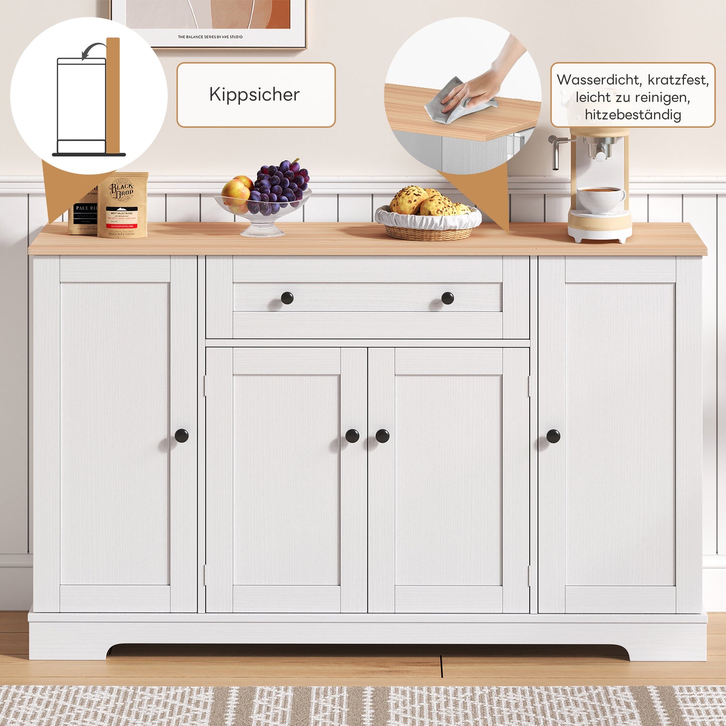 Dressoir – Buffetkast – Opbergkast – Ladekast – Kast – Ruime Indeling 138 cm – Modern Houtmateriaal Met Kantelbeveiliging