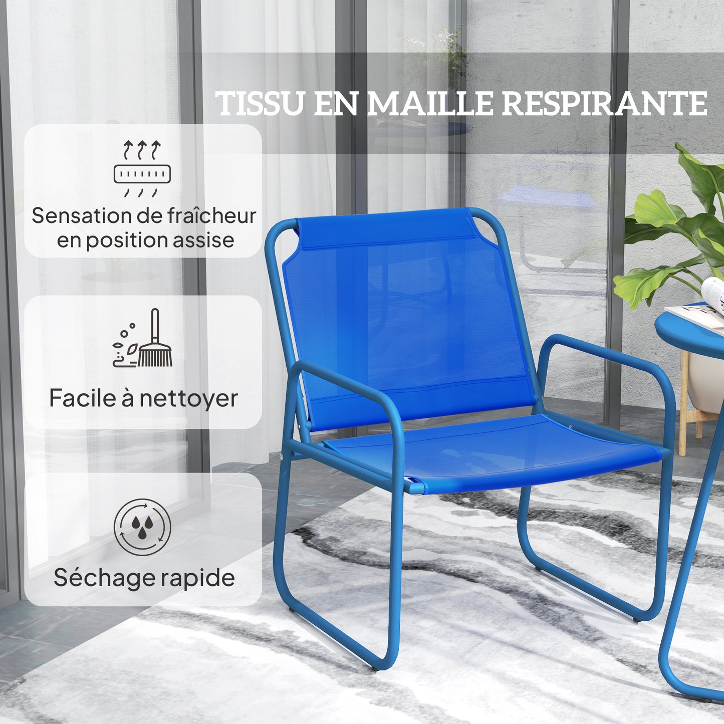 Tuinset – Tuinmeubilair – Terrasset – Bistroset – Loungeset – 2 Stoelen en Ronde Tafel – Stalen Frame en Ademend Textileen – Donkerblauw