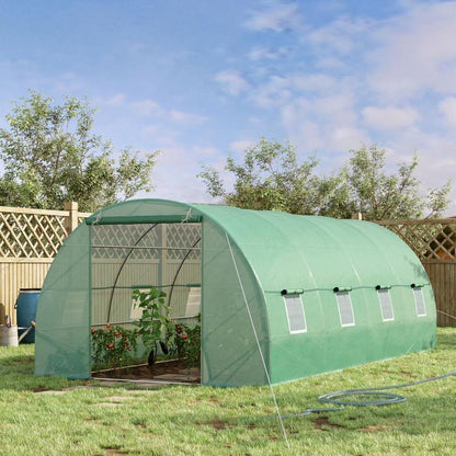 Heavy Duty Greenhouse with Arched Design & Window - Large 595x300x200cm (19.5x9.8x6.6ft) Outdoor Plant Insulation Room, Durable Plastic Construction with Sturdy Frame, All-Weather Protection, Ventilation System & Shelving Com