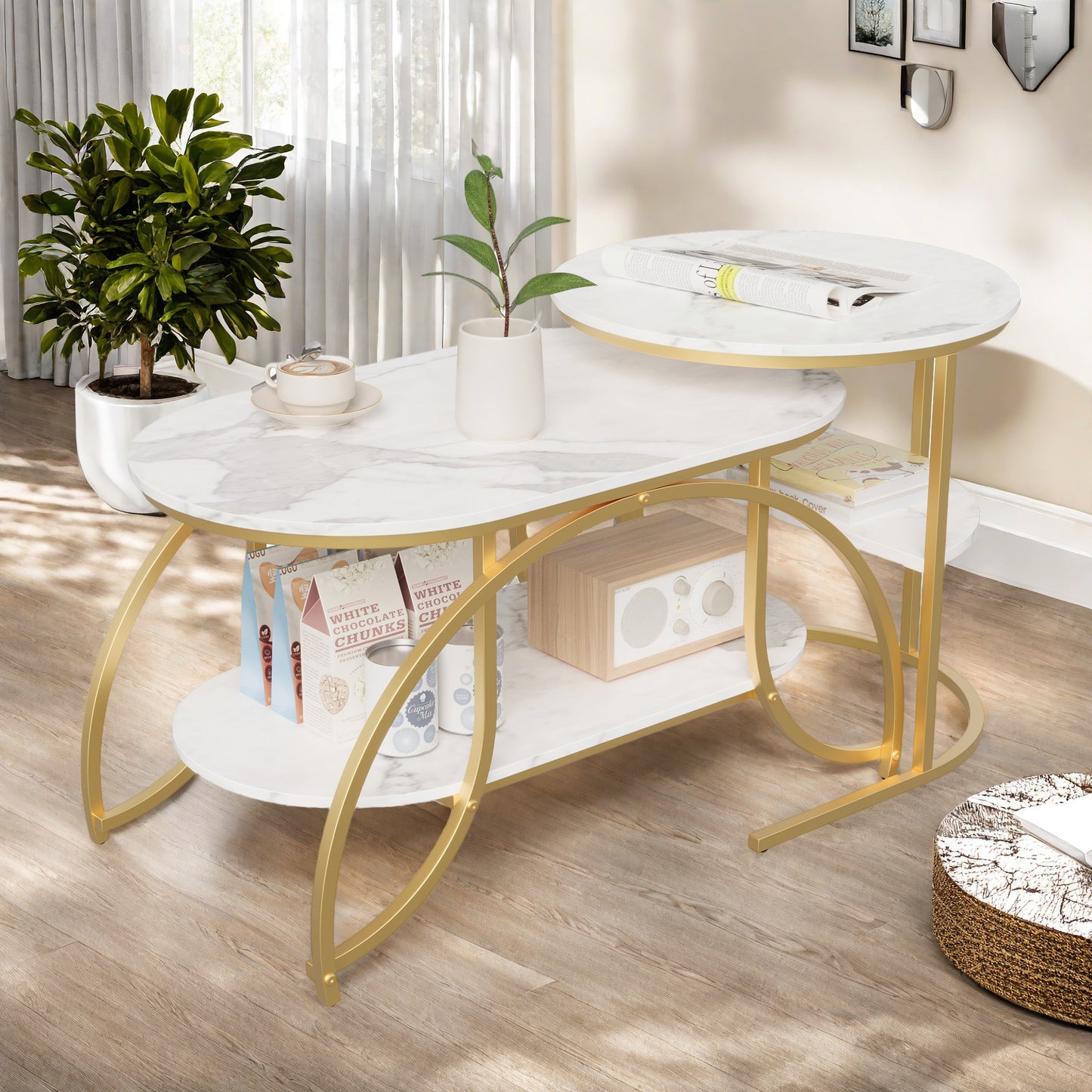 Koffietafel Set – Salontafel – Bijzettafel – Woonkamertafel – Tafelset – Wit Marmerpatroon – Gouden Metalen Onderstel – Compact en Stevig