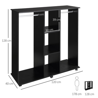 Kledingkast – Garderobekast – Opbergkast – Kleerkast – Mobiele Kast – Zwarte Houtlook – 6 Zwenkwieltjes – 120x40x128 cm