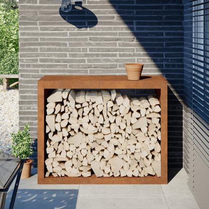 Houtopslag Buiten – Brandhoutrek – Haardhout Oplag – Houtberging – Houtrek – Weerbestendig Cortenstaal – Uittrekbare Plank 100x40x80 cm – Roestvast & Duurzaam