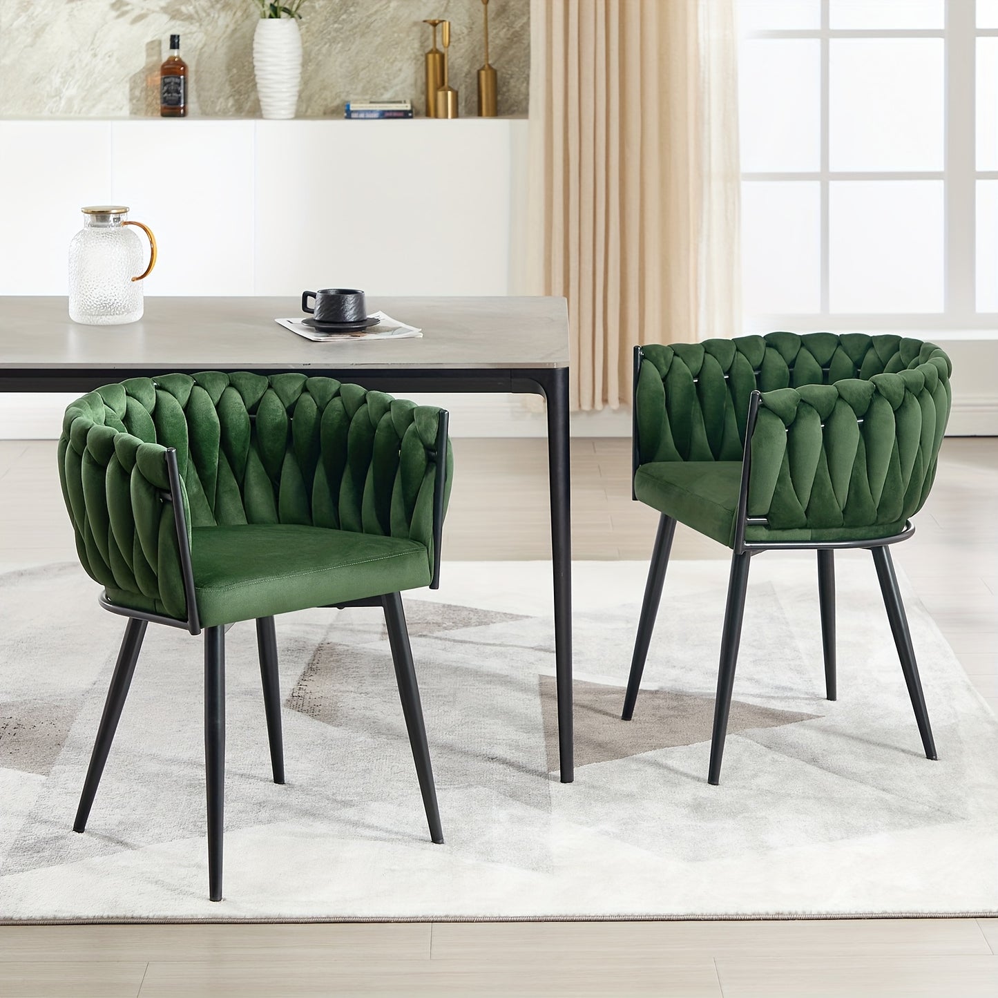 Velvet Eetkamerstoelen – Stoelen Set – Keukenstoelen – Dining Stoelen – Zithoek Stoelen – Met Armleuningen – Met Metalen Kruisframe – Comfortabele Velvet Bekleding – Gevlochten Rugleuning – Frisse Groene Kleur – Set Van 2