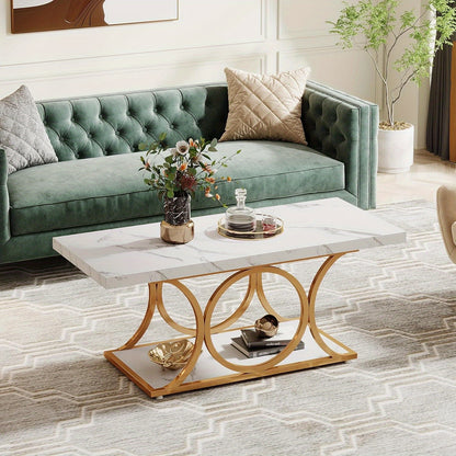 Salontafel – Woonkamertafel – Bijzettafel – Koffietafel – Lounge tafel – 120 cm Wit Goud – Nepmarmeren Blad – Opbergruimte & Geometrisch Metaalframe