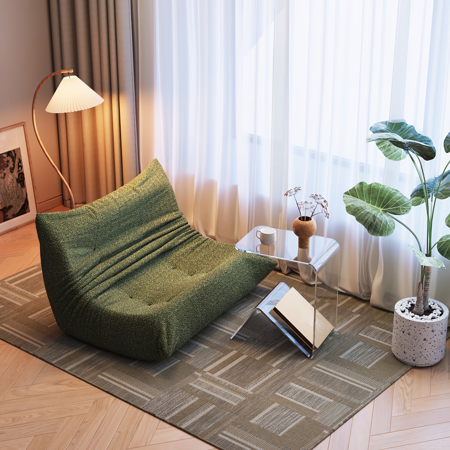 Lounge Stoel – Zitzak Stoel – Armless Fauteuil – Voetsteun Stoel – Accent Fauteuil – Zacht Teddy Fleece – Ergonomisch Ontwerp – Groene Tweezitter