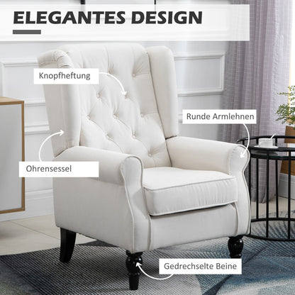 Fauteuil – Relaxstoel – Loungestoel – Accentstoel – Zithoekstoel – Creme Wit – Knopen Gestoffeerde Rugleuning – Stevige Houten Poten