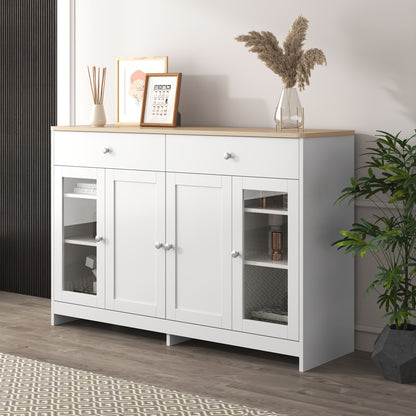 Dressoir – Sideboard – Opbergkast – Kast – Commode – Wit Houtnerf – Glasdeuren & Lades – MDF & Hardhout – Vrijstaand