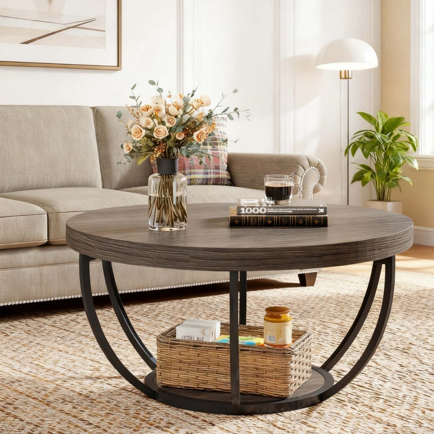 2-laags Salontafel Hout – Koffietafel Rond – Bijzettafel – Accenttafel – Opbergbank – Industrieel Design – Grijs Zwart – Ruime Opbergruimte – Stevige Metaalbasis