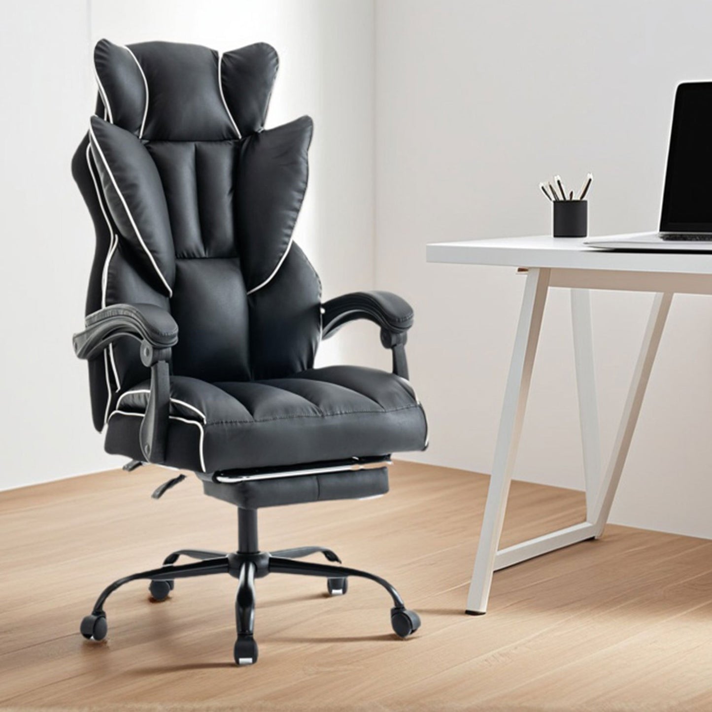 Gamingstoel – Gamestoel – Gaming Chair – Bureaustoel – Ergonomische Stoel – PU Kunstleer – Verstelbare Hoogte & Voetsteun – 360° Draaibaar – Zwart/Wit