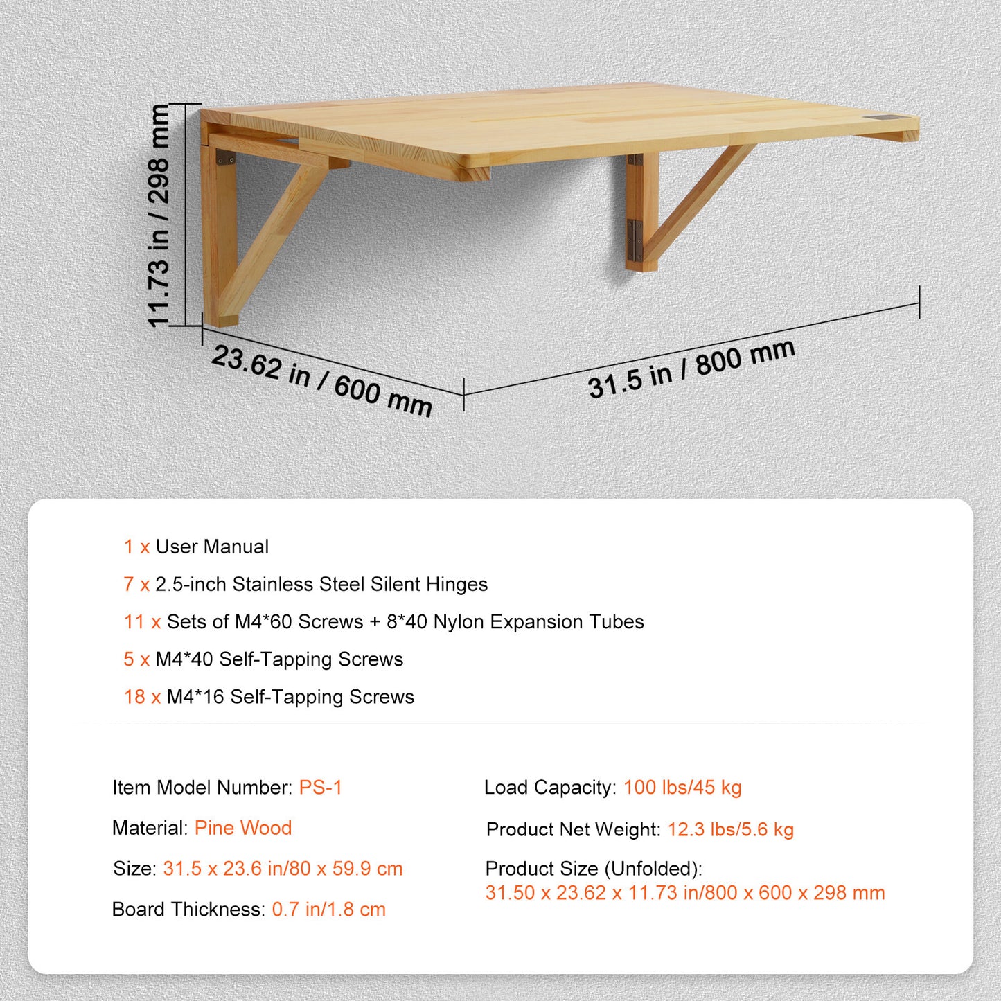 Wandtafel – Klaptafel – Opklapbare Werktafel – Muurtafel – Zwevende Tafel – 80x60 cm – 100% Grenenhout – Draagvermogen 45 kg
