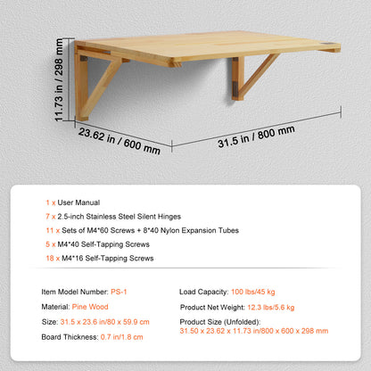 Wandtafel – Klaptafel – Opklapbare Werktafel – Muurtafel – Zwevende Tafel – 80x60 cm – 100% Grenenhout – Draagvermogen 45 kg
