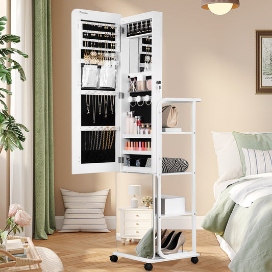 360° Sieradencabinet – Sieradenkast – Sieradenopbergkast – Sieraden Organizer – Sieradenrek – Draaibaar 360° – Frameloze Passpiegel – Vergrendelbaar met 6 LED Lampjes – Witte Rand Zwarte Lijning
