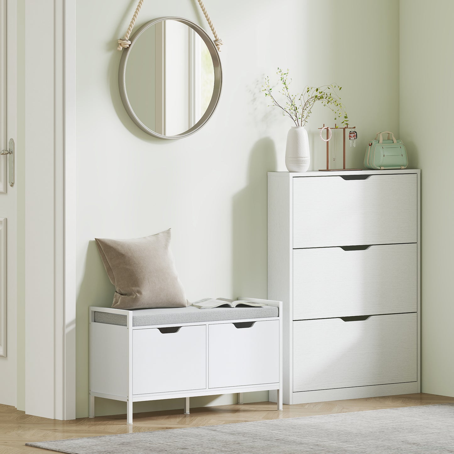 Schoenenkast – Schoenenkast – Schoenenrek – Schoenopberger – Schoenmeubel – 3 Uittrekbare Lades – Slank Wit Design 80x17x108 cm