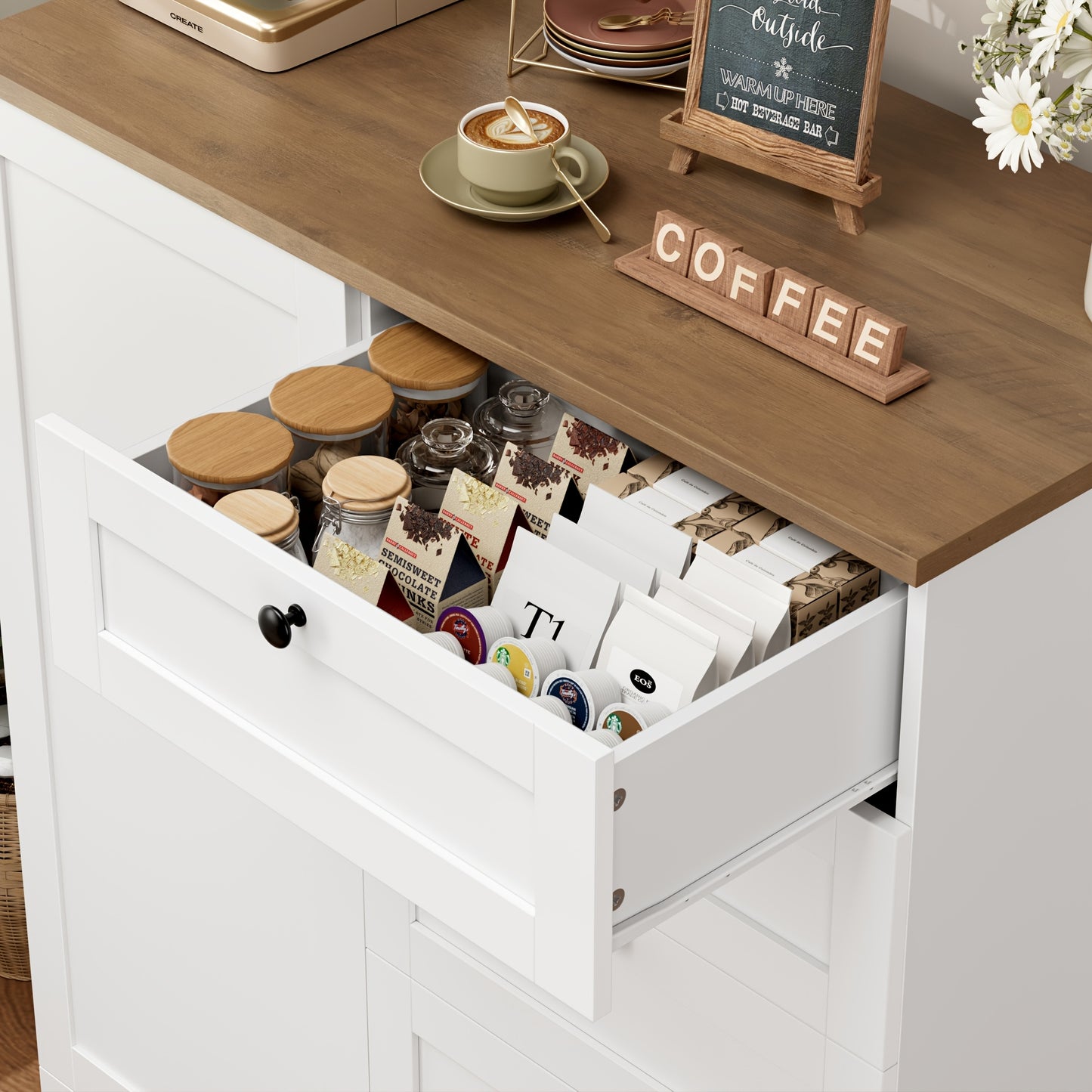 Kealive Sideboard, Kitchen Cabinet | White Buffet Cupboard with 5 Drawers, 85.5x40x97cm, Modern Style, Floor Mount, Suitable for Kitchen, Hallway, Living Room, Dining Room