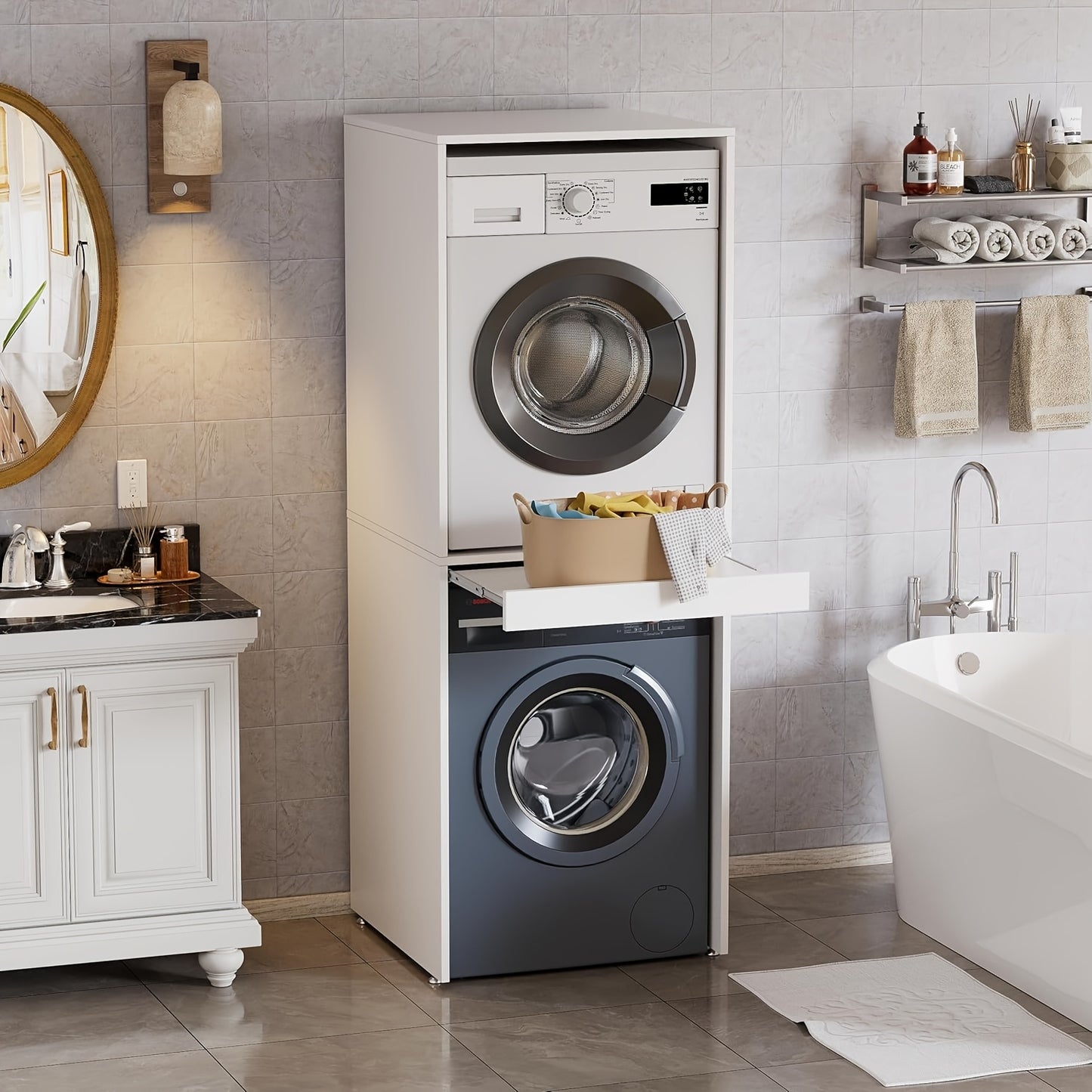 Wasmachinekast – Wasmachine Meubel – Wasmachine Ombouw – Wasmachine Rek – Wasdroger Kast – 180x65x66 cm – Uittrekbaar Werkblad – Max 100 kg Draagvermogen