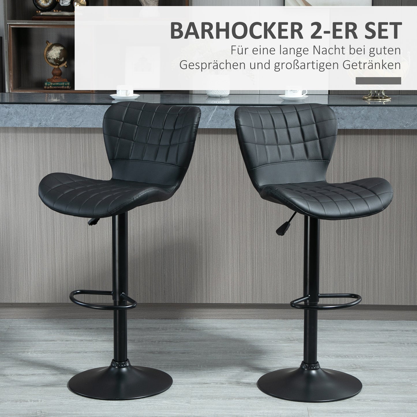 Barkruk – Barstoel – Bistrokruk – Keukenstoel – Kruk – Kunstleer – 360° Draaibaar – Verstelbare Zithoogte 89-109 cm – Zwarte Bekleding