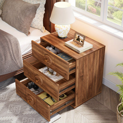 Nachtkastje – Bijzettafel – Bedside Table – Opbergkast – Ladekast – Walnootbruin – 3 Ruime Lades – Hoogwaardig Gelamineerd Hout