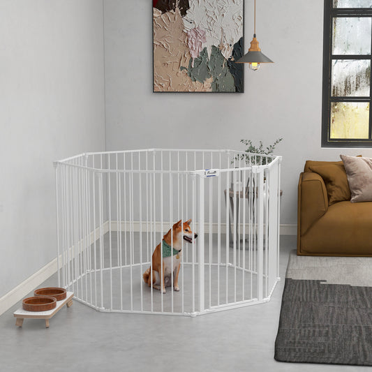 Veiligheidshek Huisdier – Hondenren – Kattenren – Speelpark – Afzetting Open Haard – Wit Stalen Frame – 8 Panelen Met Deur – Opvouwbaar 90 cm Hoog