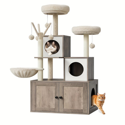 Kattenmeubel 3-in-1 – Kattenhuis – Krabpaal – Kattenboom – Kattenkraam – Multifunctioneel – Sisal Krabpaal – Opbergvakken – Grijs – Hout Met Pluche – Gemakkelijk In Elkaar Te Zetten