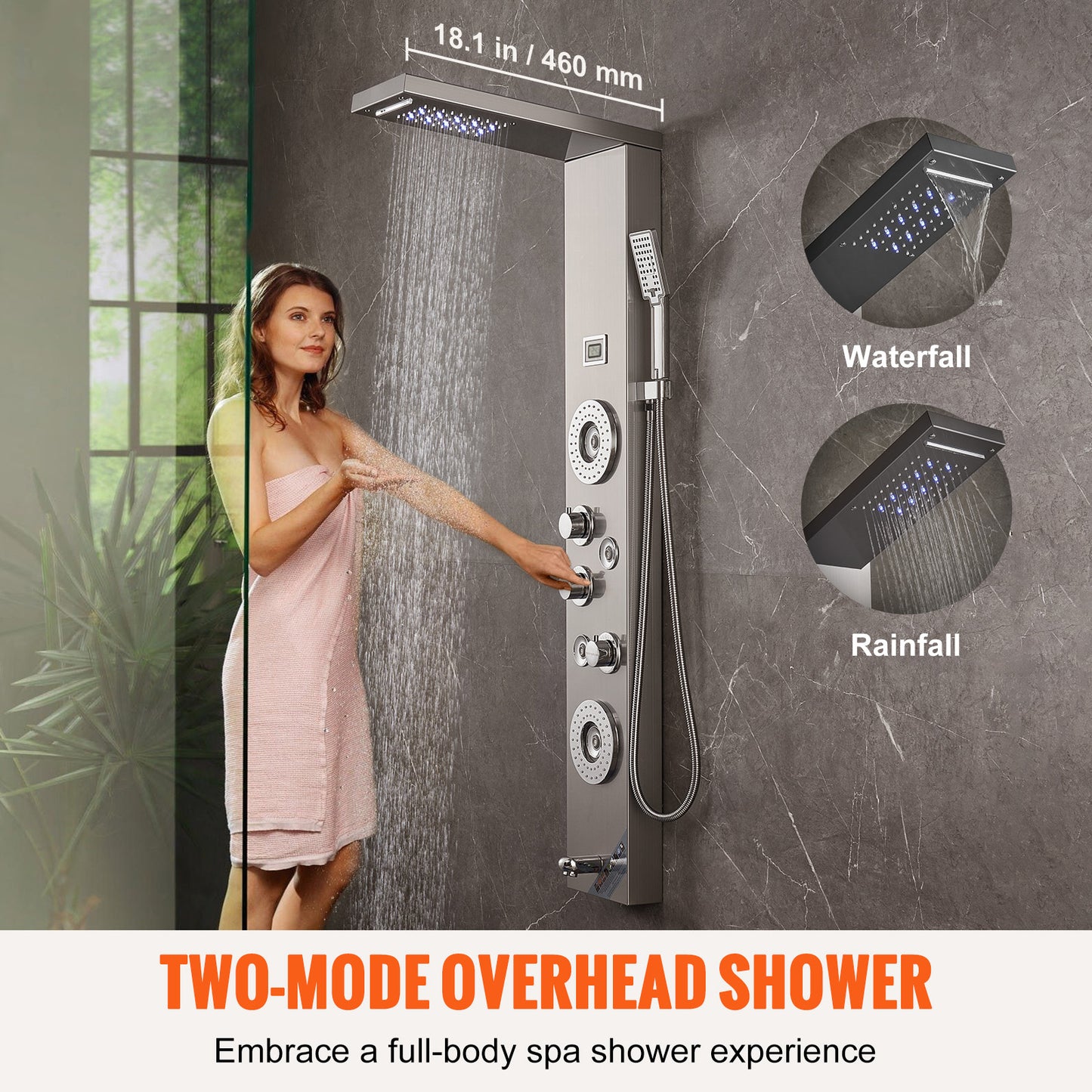 Douchepaneel – Regendouche – Douchekolom – Showerpanel – Douchepaneel 6-in-1 – 46 cm Breed – 304 Roestvrij Staal – LED Verlichting