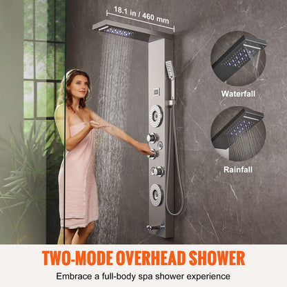 Douchepaneel – Regendouche – Douchekolom – Showerpanel – Douchepaneel 6-in-1 – 46 cm Breed – 304 Roestvrij Staal – LED Verlichting