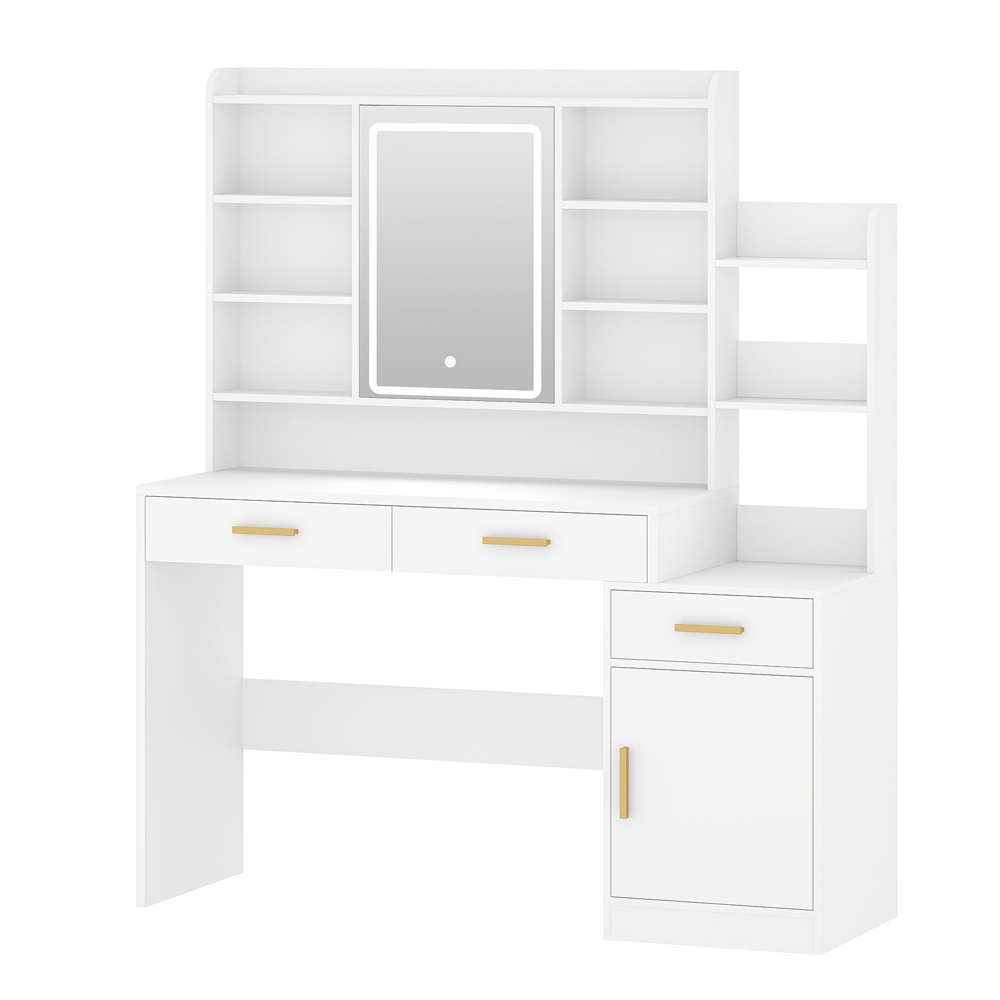 Jewelry Storage Cabinet, Large Table Top with Mirror, 3 Drawers And 1 Cabinet, Open Multi-Level Shelves for Bedroom, Wardrobe, 40 X 130 X 149cm, White, Jewelry Armoires - QUORE