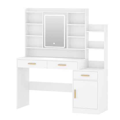 Jewelry Storage Cabinet, Large Table Top with Mirror, 3 Drawers And 1 Cabinet, Open Multi-Level Shelves for Bedroom, Wardrobe, 40 X 130 X 149cm, White, Jewelry Armoires - QUORE