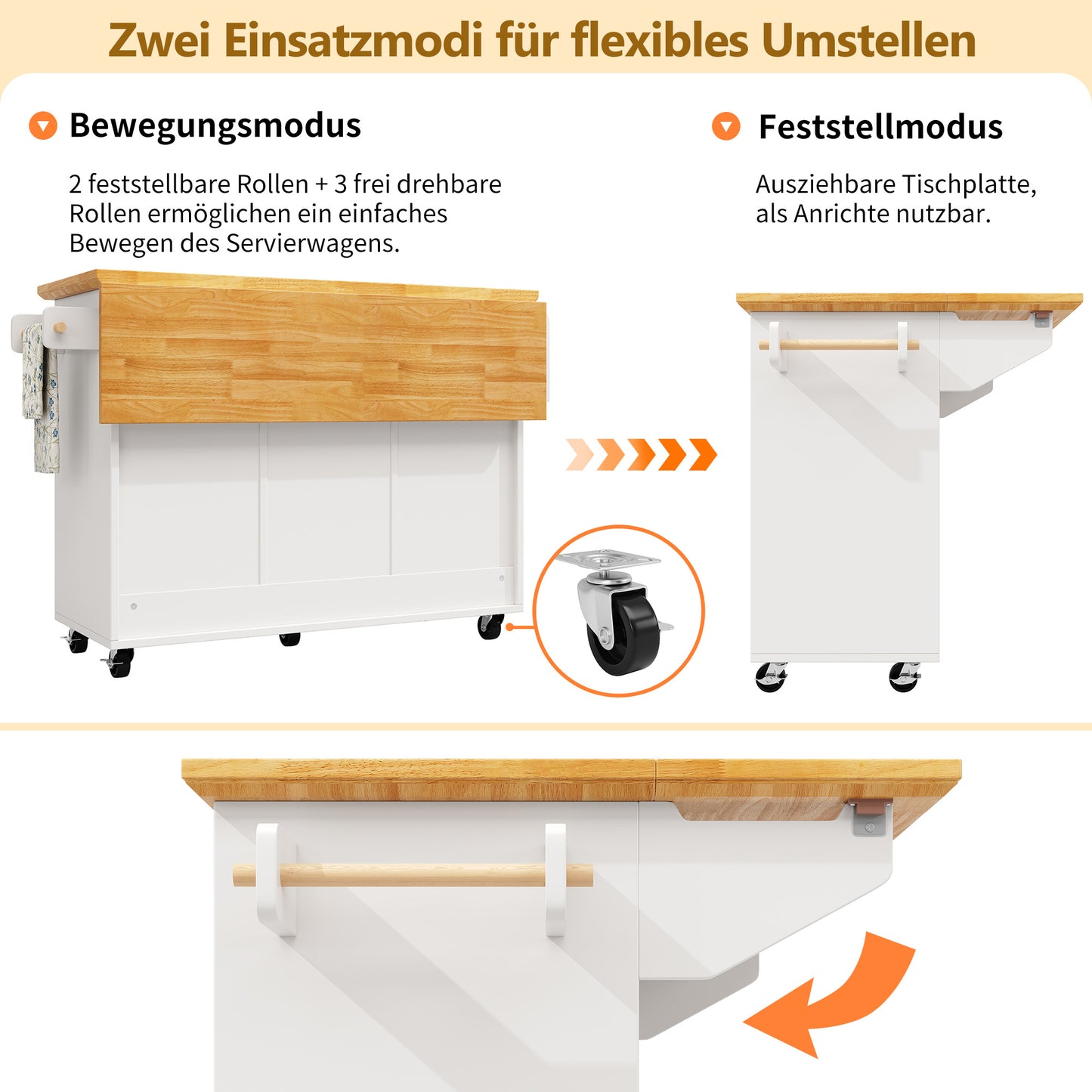 Keukeneiland – Keukentrolley – Servierwagen – Werkblad – Opbergmeubel – Uitklapbare Tafelplaat – 5 Lades & 2 Kasten – Mobiel Met Wielen – Wit