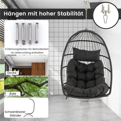 Hangstoel – Hangstoel met Kussen – Hangmatstoel – Schommelstoel – Zitzak – Inklapbaar – PE Rattan – Inclusief Ophangsysteem – Max. 150 kg – Grijs