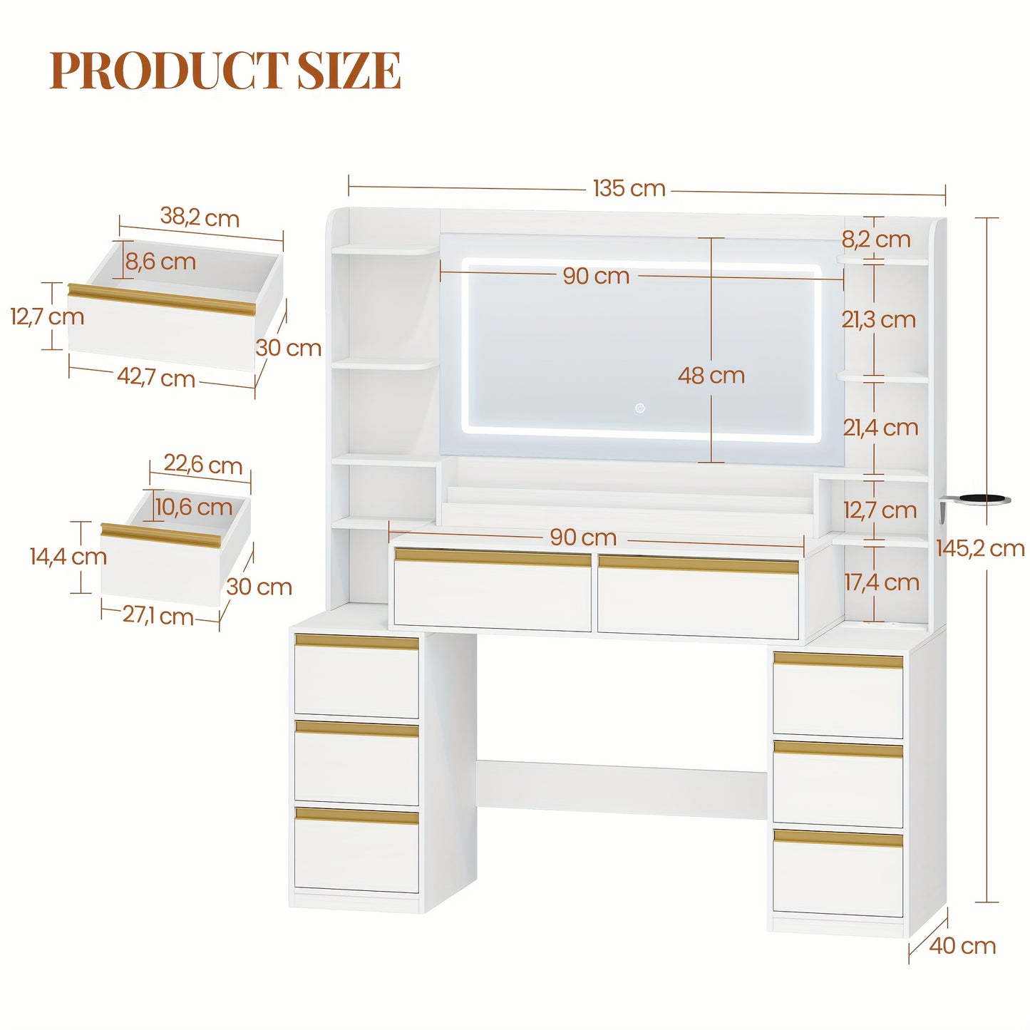 Kaptafel – Make-up Tafel – Opmaaktafel – Beautytafel – Cosmeticatafel – Grote Spiegel – Haardrogerhouder – 8 Lades – Hout – Modern Wit – 135x40x145 cm