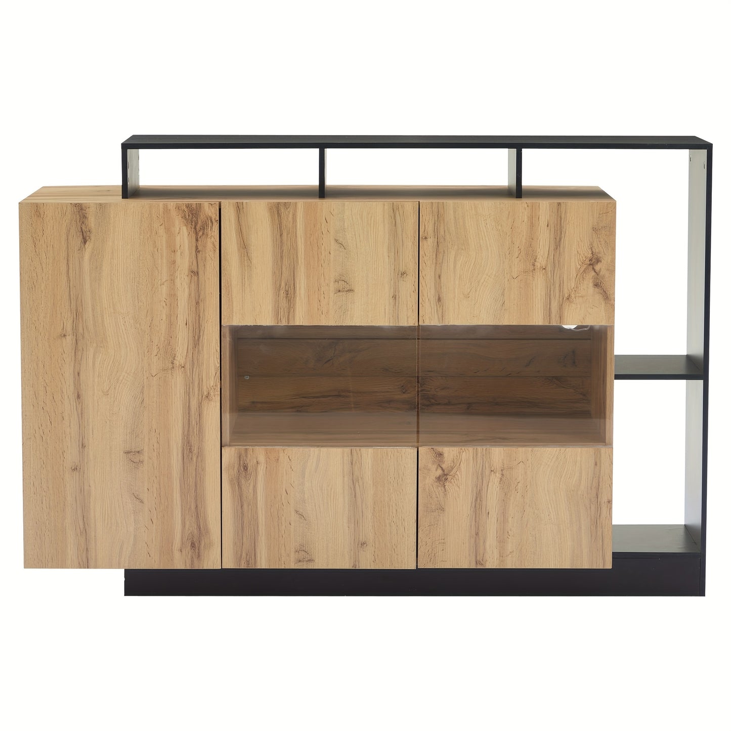 Modern Oak Veneer MDF Glazen Kast – Sideboard – Dressoir – Credenza – Opbergkast – Glazen Deuren – Zwart Frame – Eikenhout Afwerking – 68,58 cm Hoog – Zonder Spaanplaat