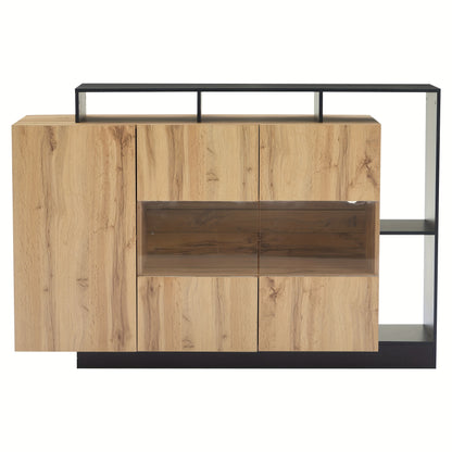 Modern Oak Veneer MDF Glazen Kast – Sideboard – Dressoir – Credenza – Opbergkast – Glazen Deuren – Zwart Frame – Eikenhout Afwerking – 68,58 cm Hoog – Zonder Spaanplaat