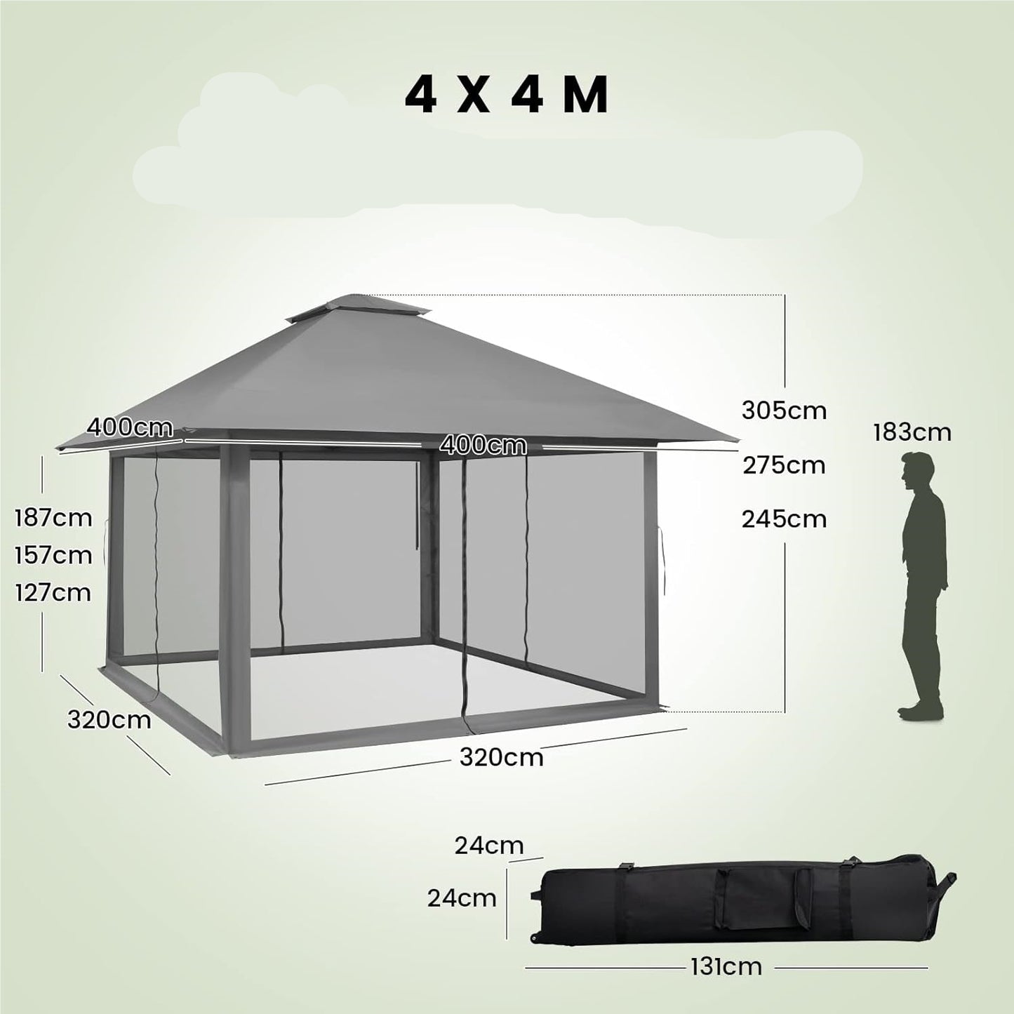 4x4m Pop-Up Vouwpaviljoen – Vouwtent – Tuinpaviljoen – Partytent – Schaduwdoek – UV Bescherming 50+ – Verstelbare Hoogte – Inclusief Draagtas Met Wieltjes – Grijs