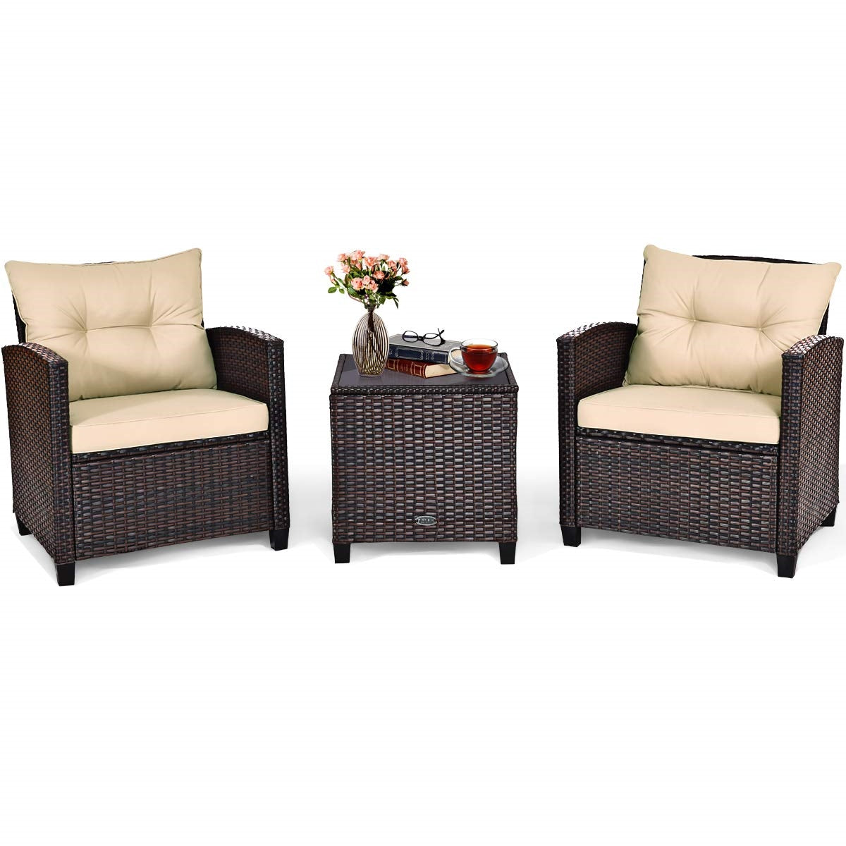 Tuinset – Rattan Tuinmeubelen – Polyrattan Zitgroep – Bistroset – Loungeset – 3-delig – Weerbestendig Stalen Frame – Inclusief Zitkussens en Glazen Tafelblad