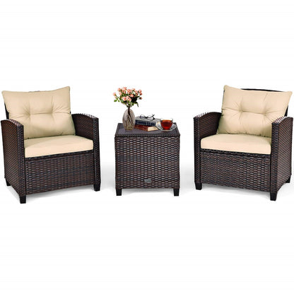 Tuinset – Rattan Tuinmeubelen – Polyrattan Zitgroep – Bistroset – Loungeset – 3-delig – Weerbestendig Stalen Frame – Inclusief Zitkussens en Glazen Tafelblad