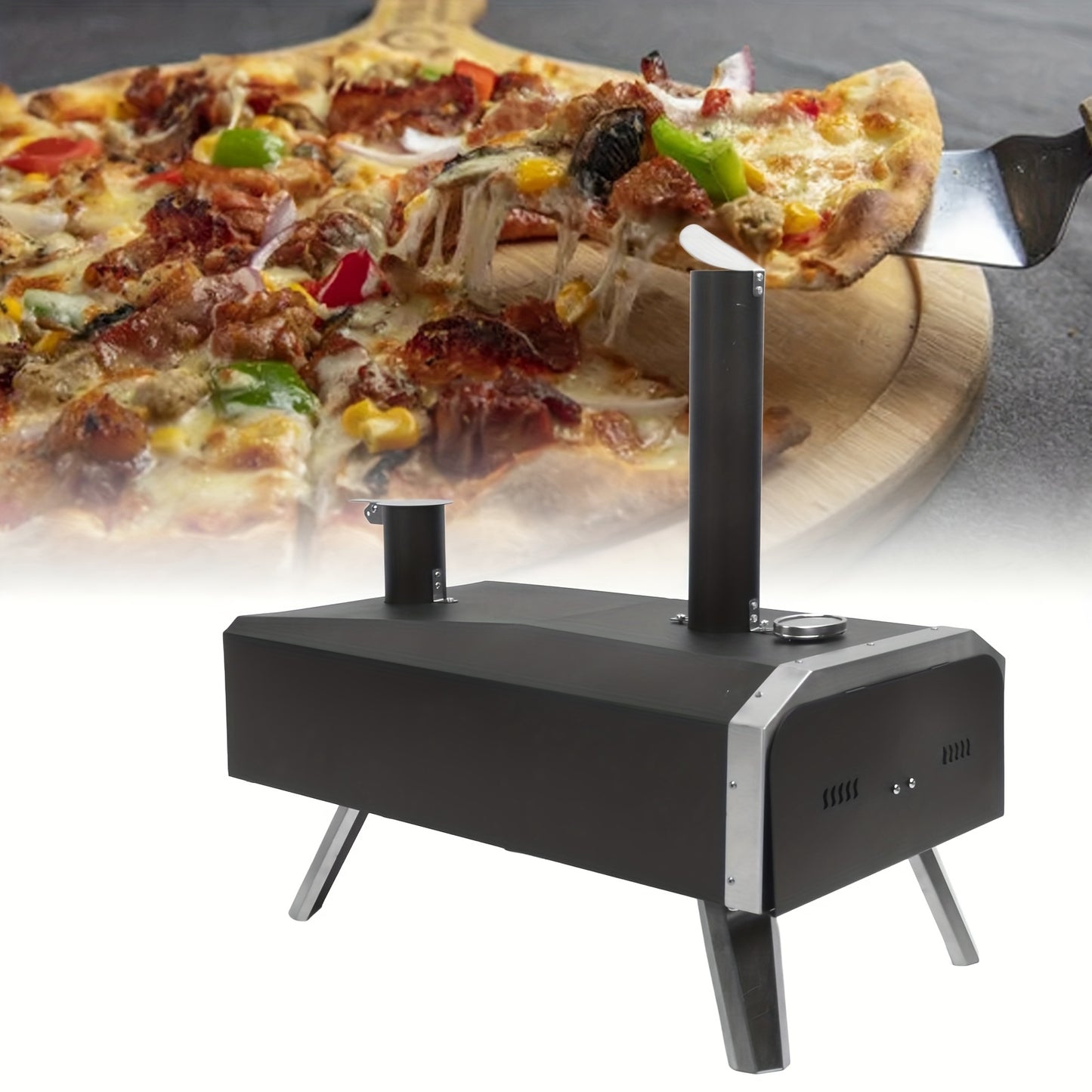 Pizzaoven – Draagbare Pizza Grill – Buitenoven – Houtgestookte Oven – Pizza Cooker – Roestvrij Staal – Ingebouwde Thermometer – Bakoppervlak 30,5 cm
