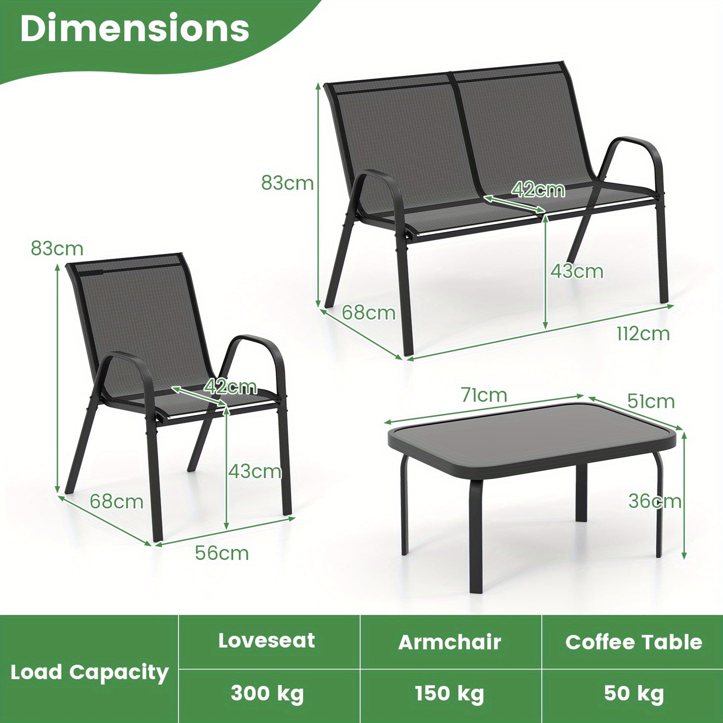 4pcs Garden Furniture Set, Balcony Furniture, Patio Furniture, Seating Group, Seating Set for 4 Persons, Garden Set Incl. 2 Chairs, Bench & Table, for Balcony, Terrace, Garden